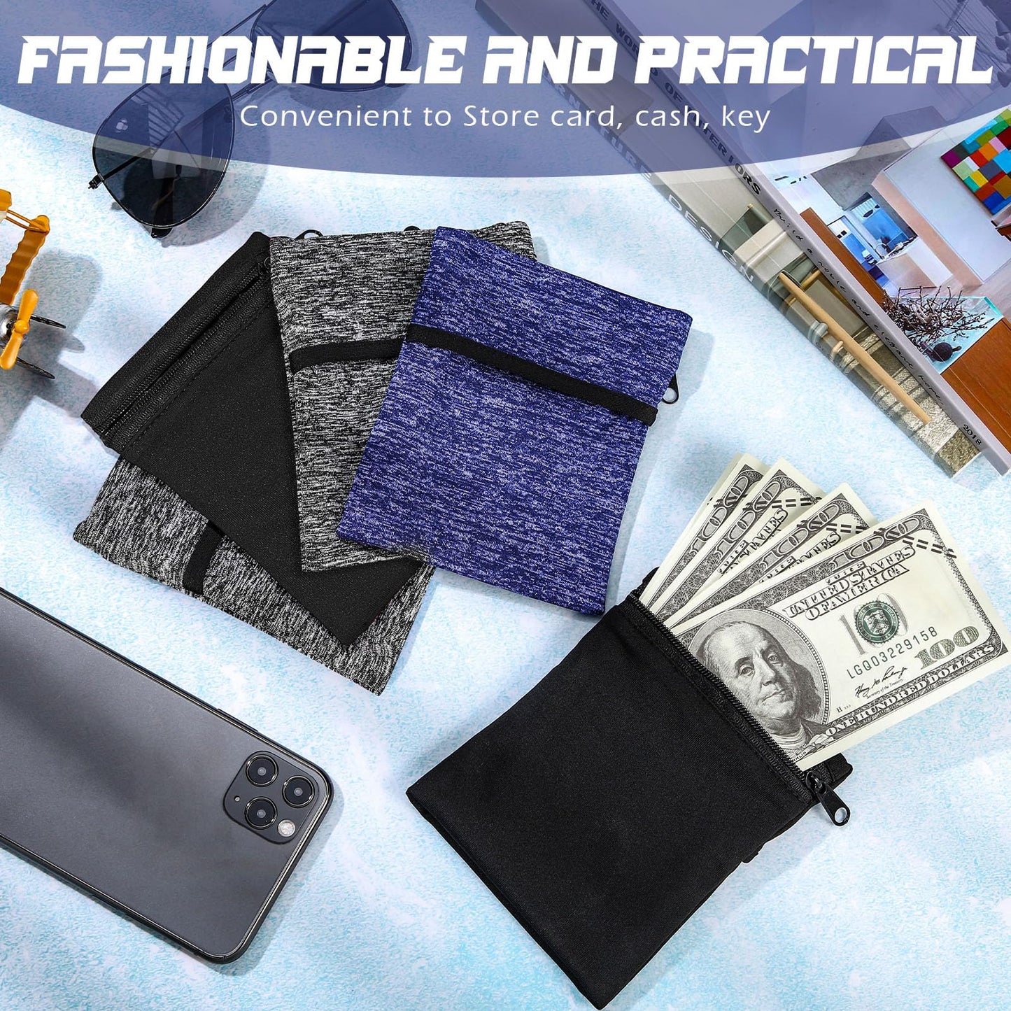 Honoson 5 Pcs Wrist Wallet for Women Men, Zipper Wrist Pouch Purse for Running Wristband Sweatband Wallet for Running Walking Hiking Jogging Travel Events Keys Cash Napkin