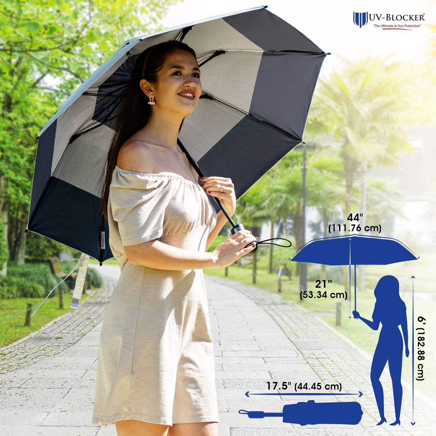 UV-Blocker Compact Sun Protection UV Umbrella - Auto Open/Close - Double Vented Canopy - Windproof Sun Umbrella for Walking - 55+ UPF - 42"/44"/58"