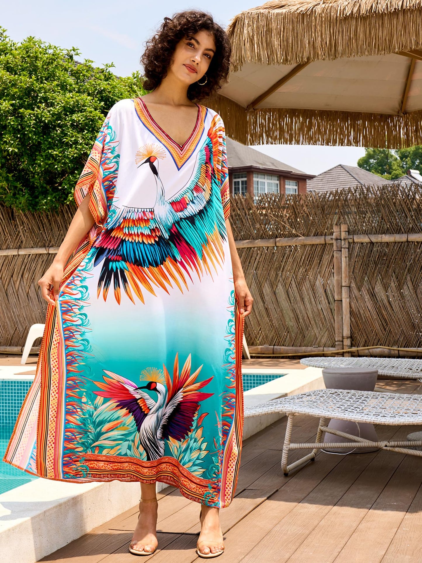 Chunoy Women V Neck Kaftan Casual Bathing Suit Kimono Sleeve Side Split Beach Cover Up Caftan Dress