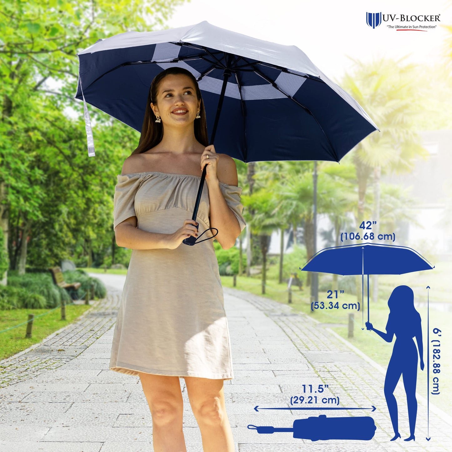 UV-Blocker Compact Sun Protection UV Umbrella - Auto Open/Close - Double Vented Canopy - Windproof Sun Umbrella for Walking - 55+ UPF - 42"/44"/58"