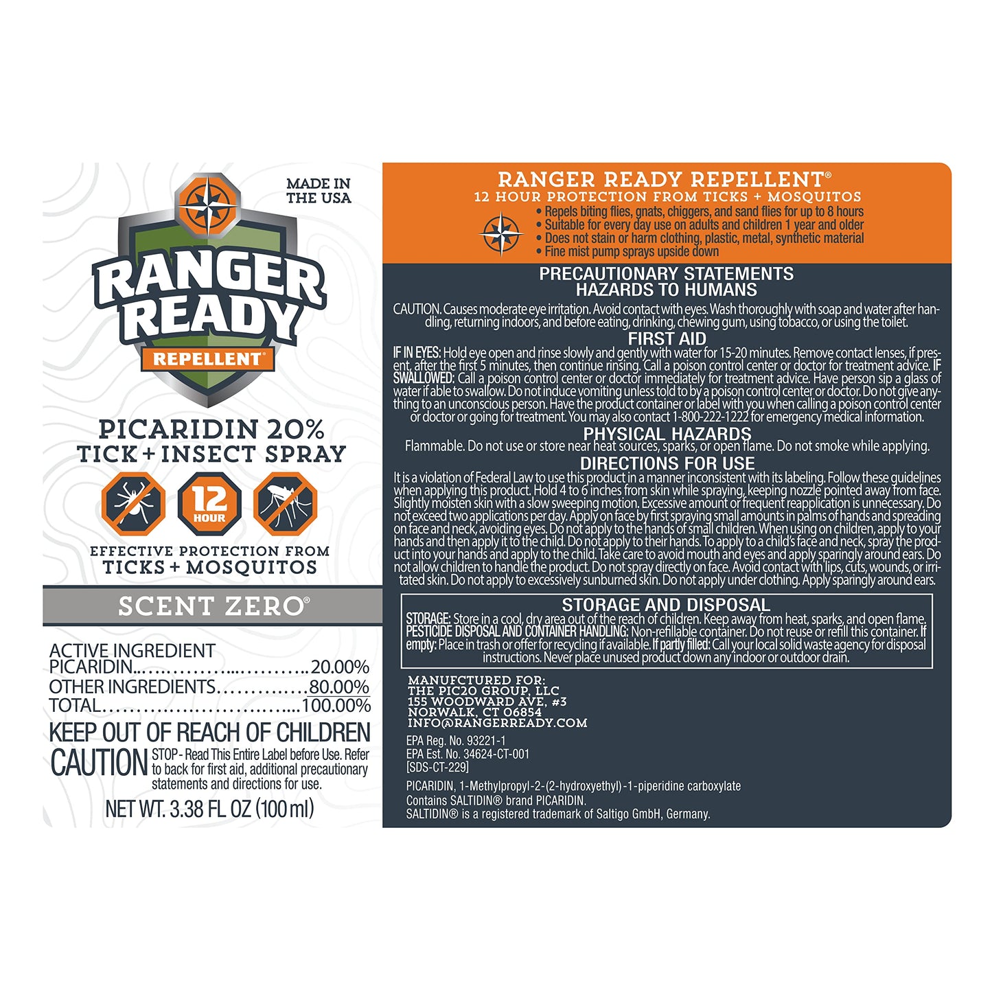 Ranger Ready Repellents Picaridin Insect Repellent Spray - Mosquito Repellent and Tick Spray, Scent Zero, Travel Size Bug Spray (3.4 oz, Pack of 1)